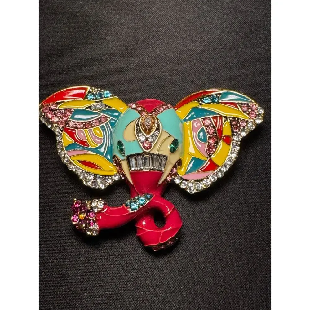 Large Rhinestone Elephant MultiColored Brooch